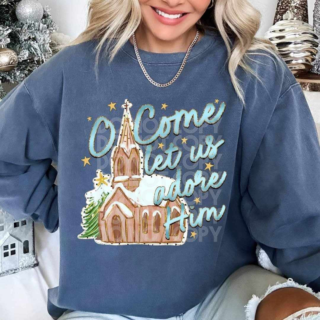O come let us adore him gingerbread church (PH) 62405 DTF transfer