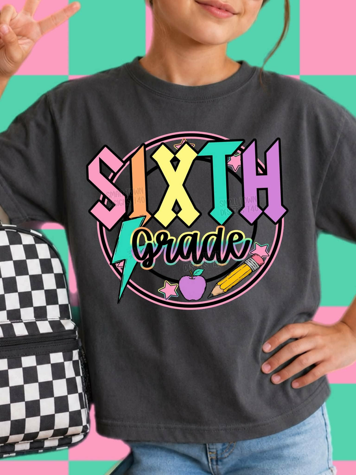 Sixth grade lightning colorful bolt retro circle with stars (STD) DTF Transfer