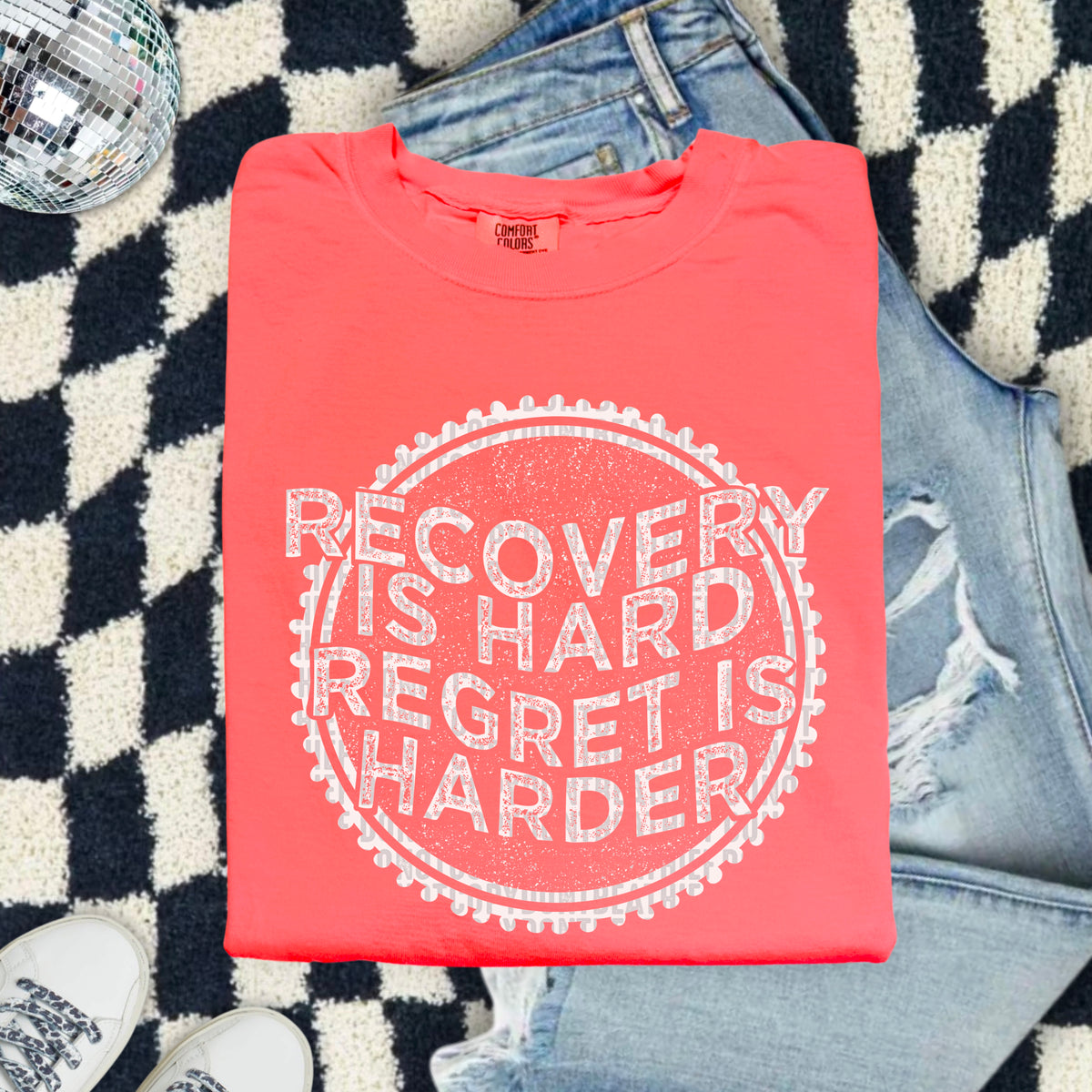 Recovery is hard regret is harder WHITE 103653 DTF transfer