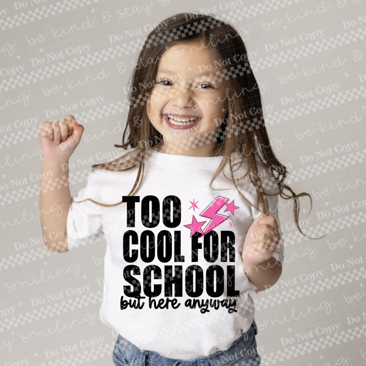 Too Cool For School but here anyway pink lightning bolt DTF transfer