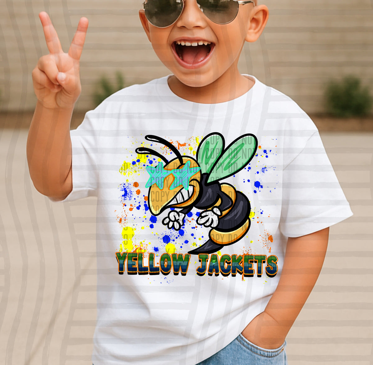 yellowjackets paint splatter boy blue green and yellow (Caplinger) DTF Transfer
