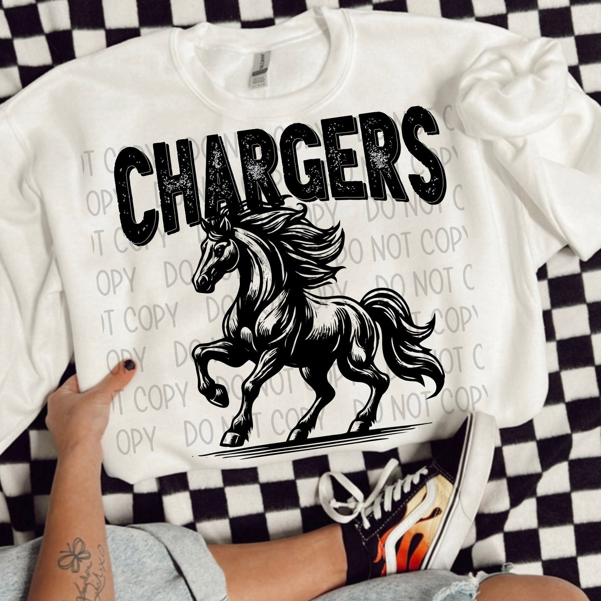 Chargers black/white outline DTF transfer
