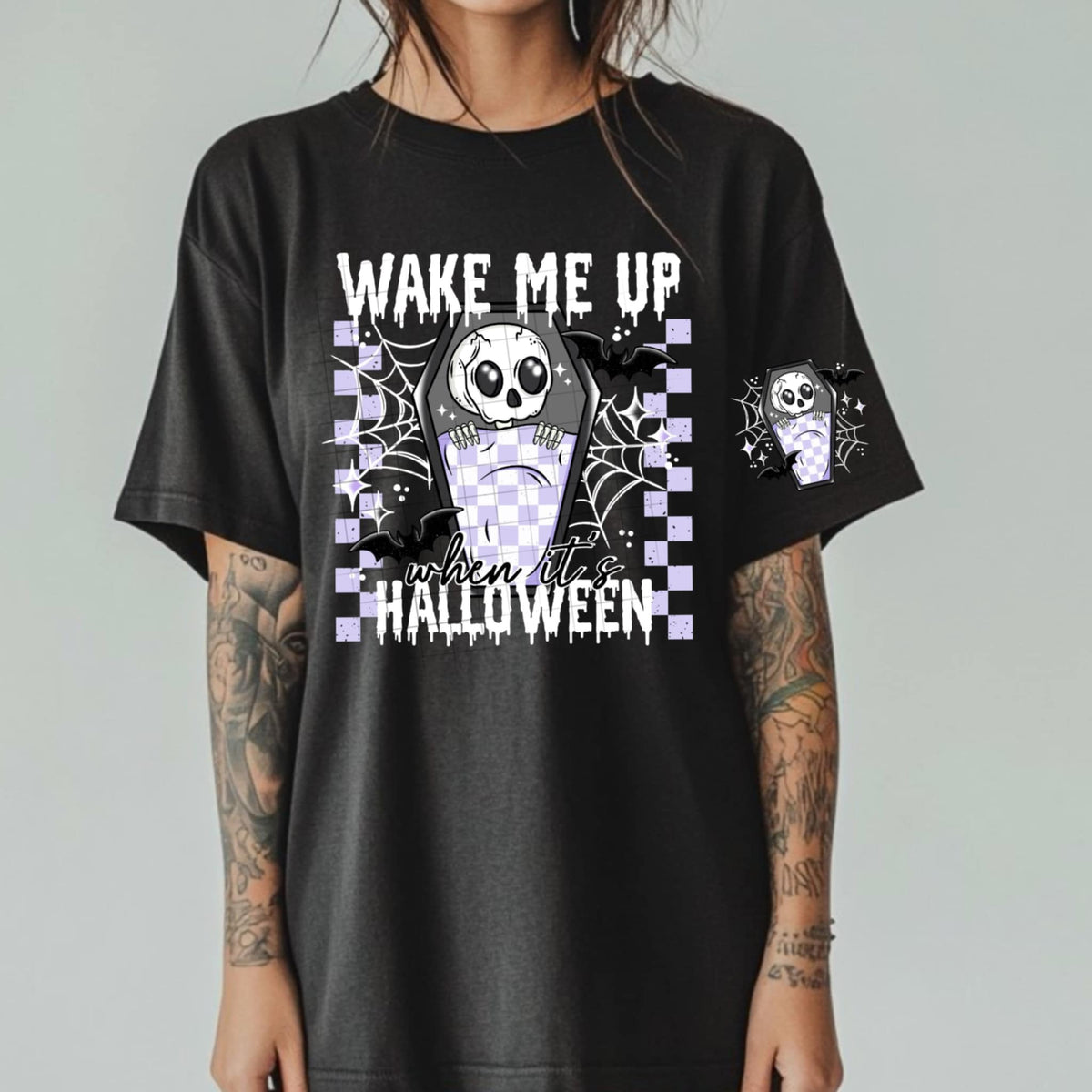 Wake me up when it’s Halloween white font FRONT (CSC) 96712 DTF transfer