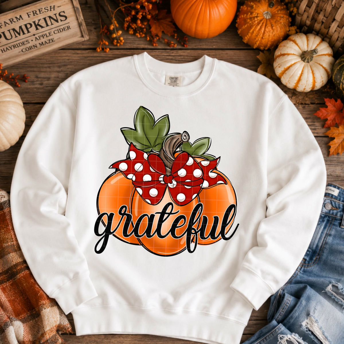 Grateful pumpkin with red polkadot bow (SDD) DTF Transfer