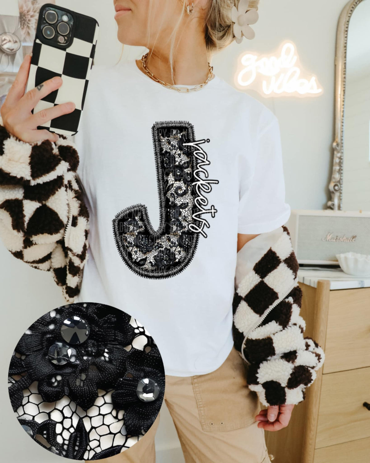 J jackets lace letter (Caplinger) 90141 DTF transfer