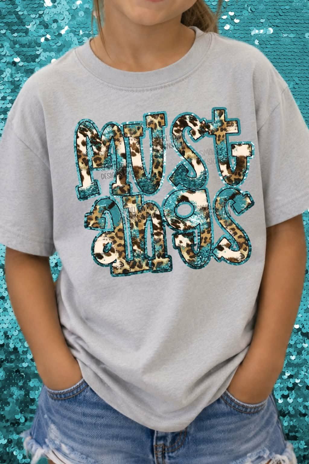 Mustangs animal print blue sequin outline (STD) DTF transfer