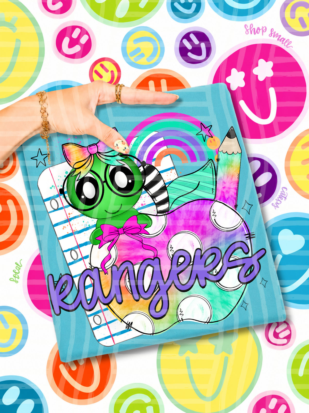 rangers tie dye apple with white dots & green bug (CAPLINGER) DTF Transfer