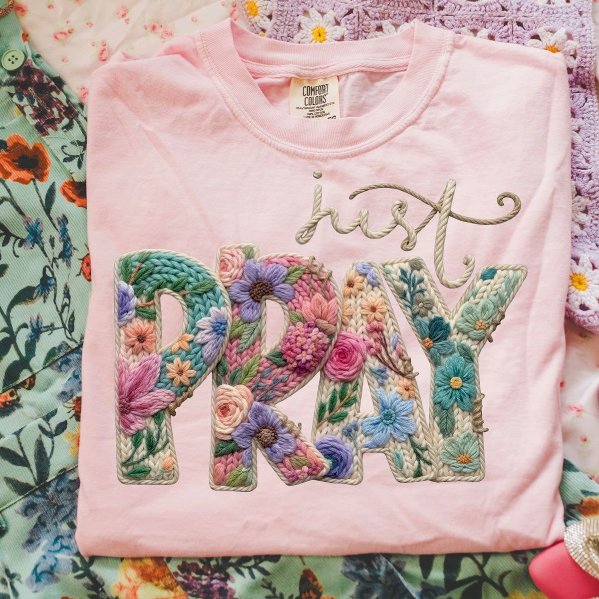 Just Pray faux embroidery flowers Tuesday Deal DTF