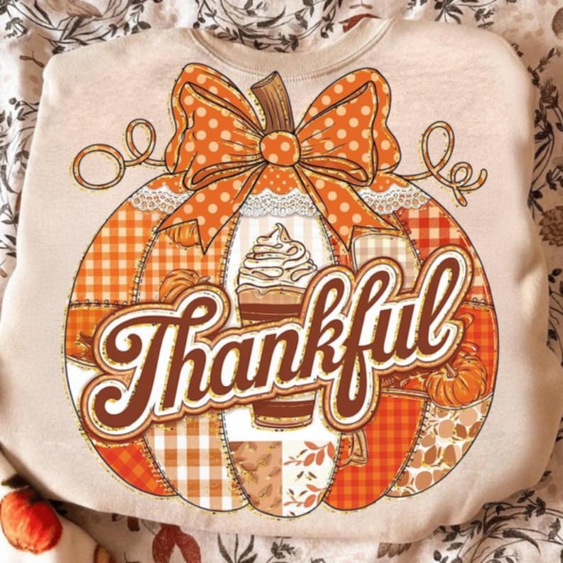 Thankful Patchwork Pumpkin and polka dot bow 111975 DTF transfer