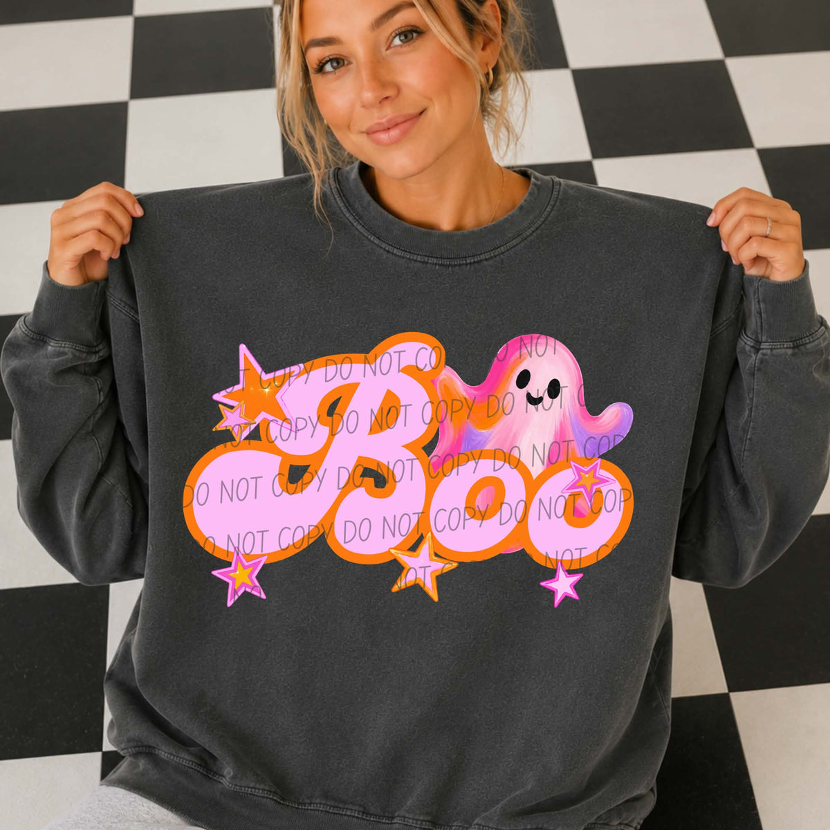 Boo retro pink and orange with ghost and stars (city) DTF transfer