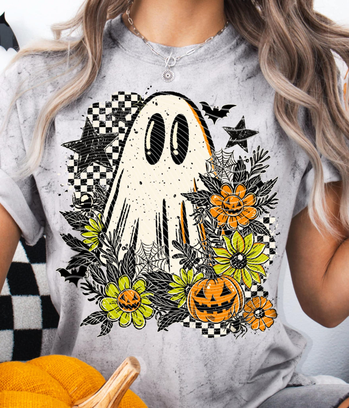 Ghost with orange and green florals and checker (ag) DTF transfer