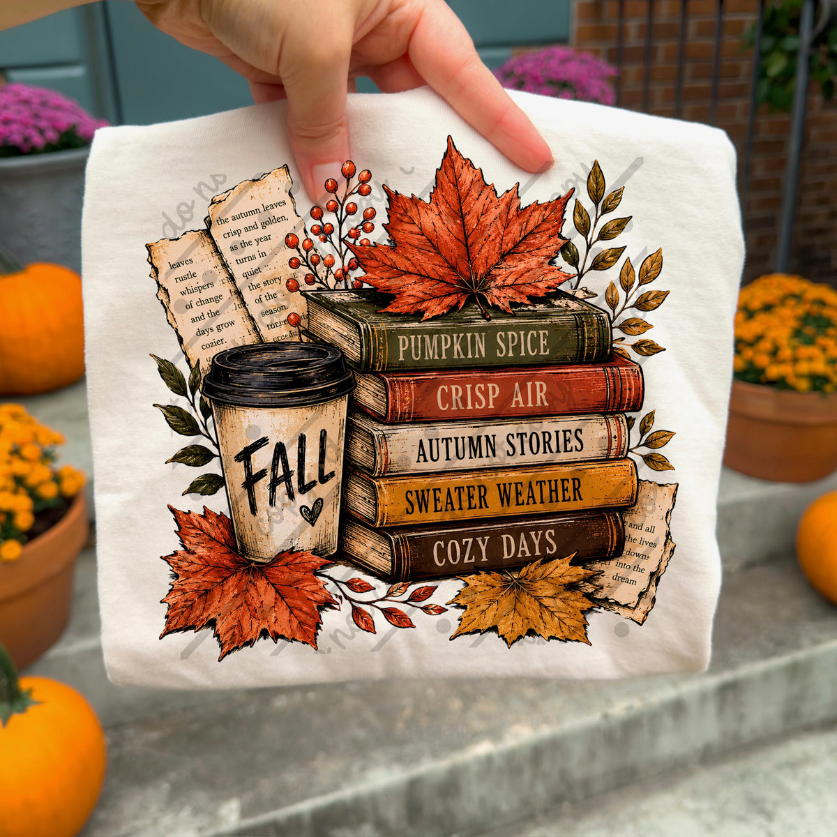 Fall coffee cup with book stack DTF Transfer