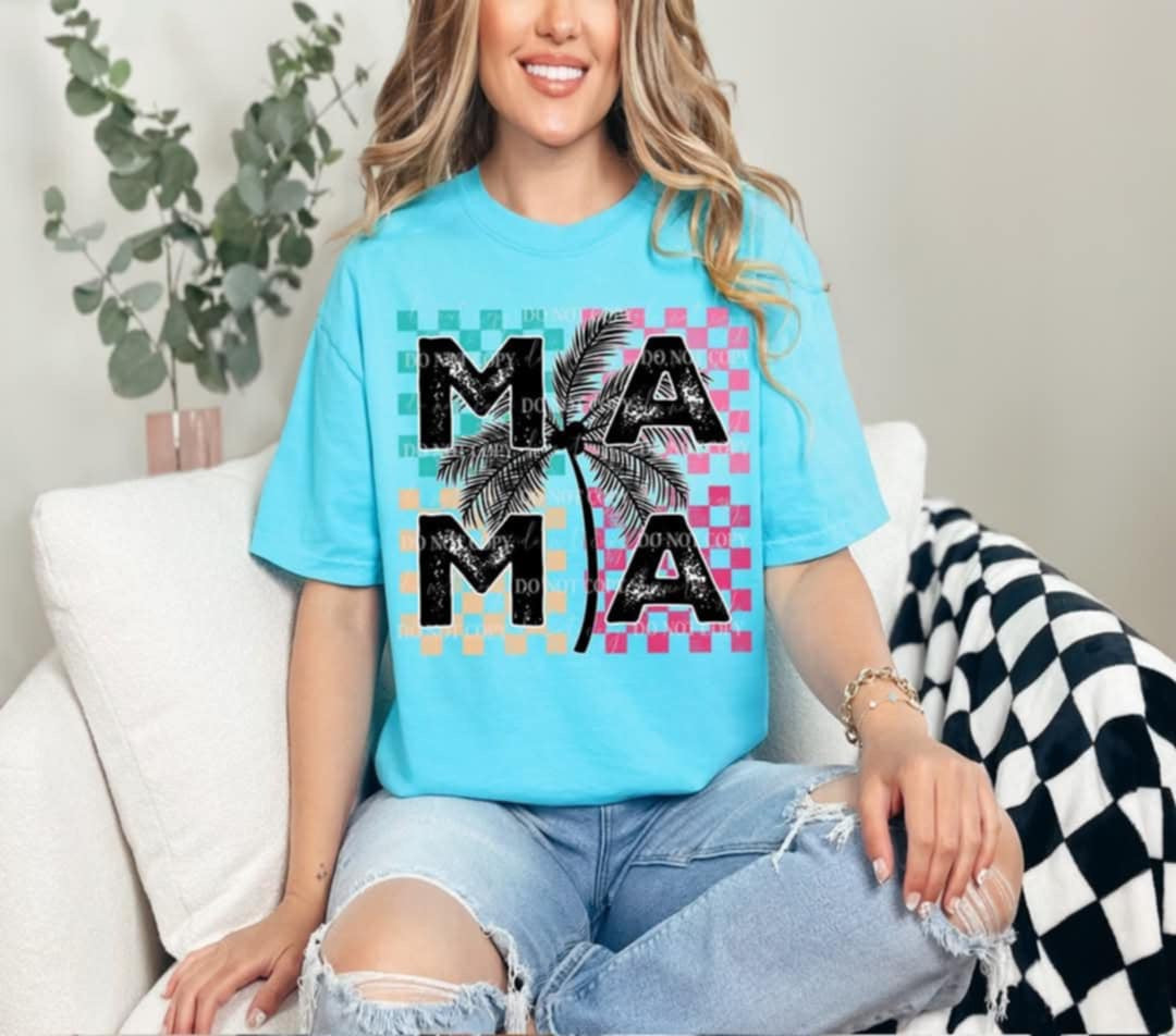 Mama checkered blocks black palm tree (40E) 96893 DTF transfer