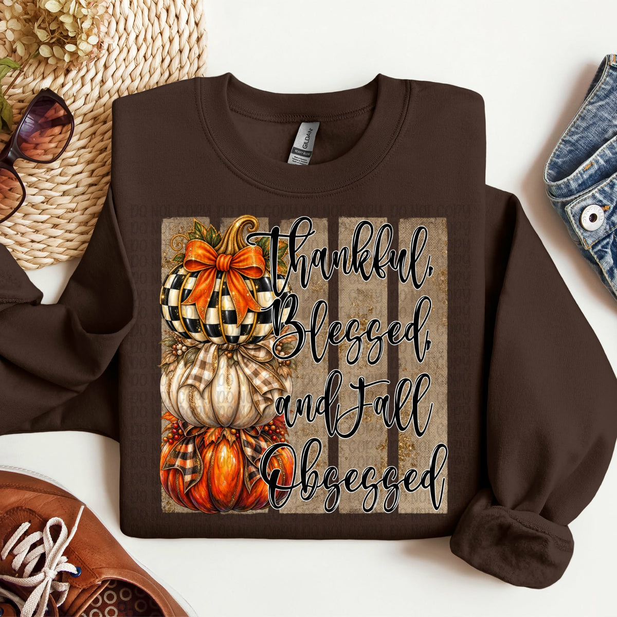 Thankful blessed and fall obsessed stacked pumpkins wood strips background Tuesday Deal DTF