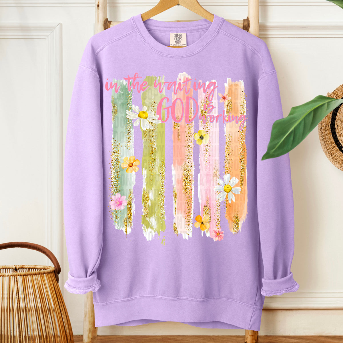 In The Waiting God Is Working Pink Font Brushstroke 111281 DTF transfer