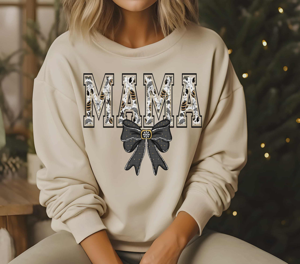 Mama Black Christmas bow and black outline  (linda) DTF Transfer