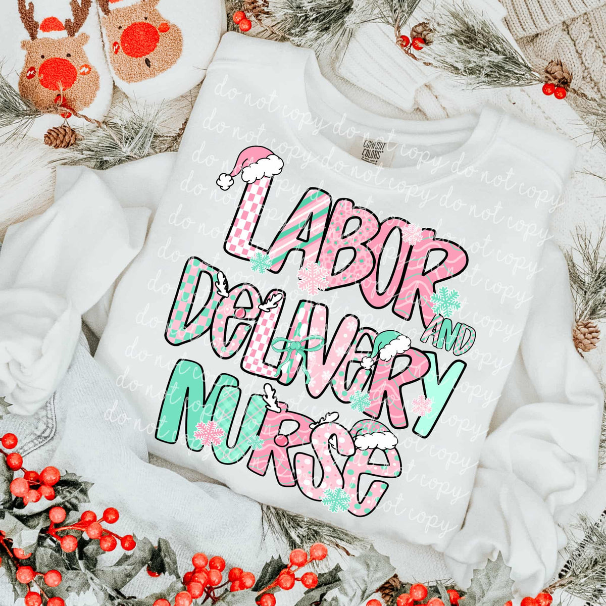Labor Delivery Nurse Mint and Pink Christmas letters DTF transfer