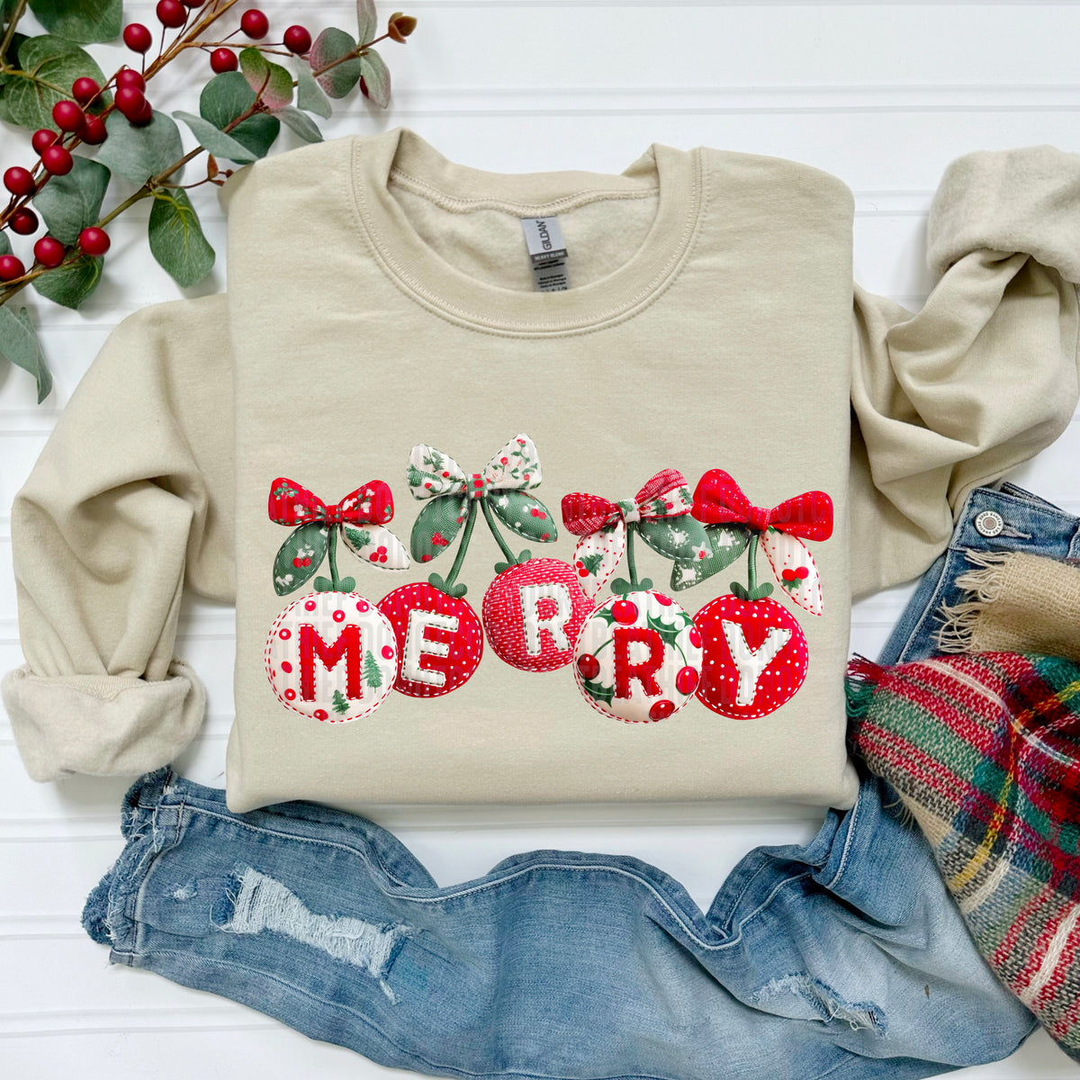 Merry Ornaments faux fabric RED DTF transfer