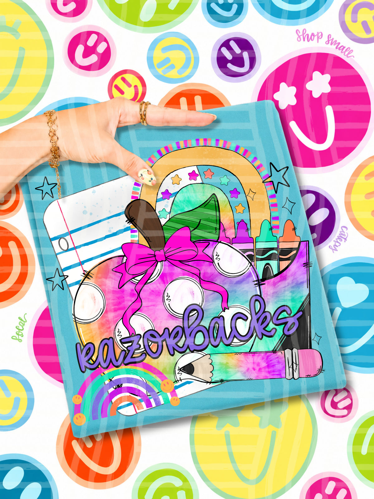razorbacks tie dye apple with white dots and school stuff (CAPLINGER) DTF Transfer