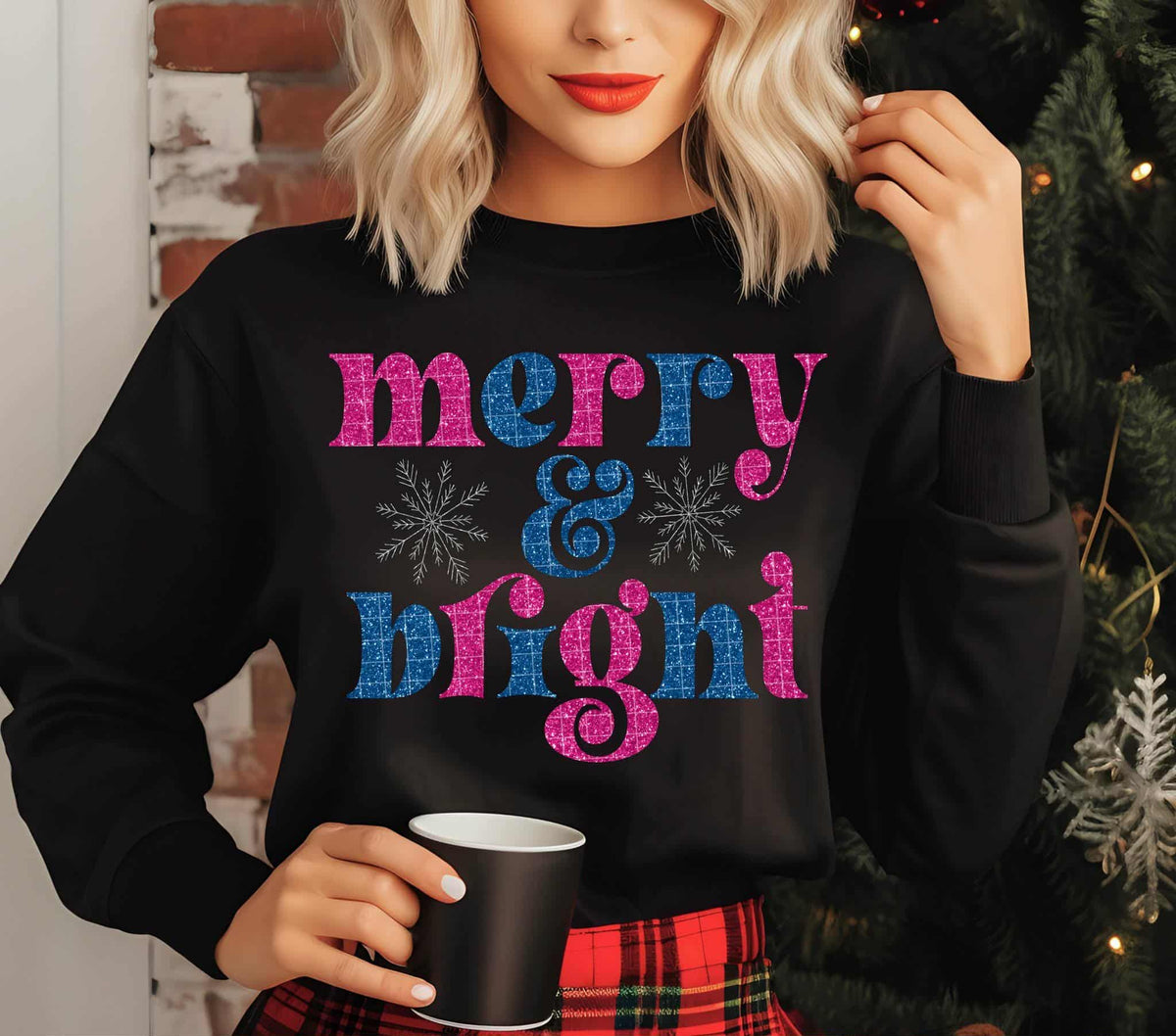 Merry and Bright faux glitter pink and blue (Linda) DTF transfer