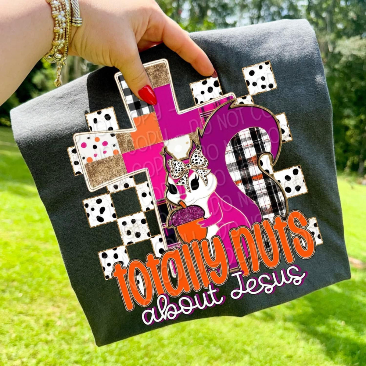 Totally Nuts About Fall Squirrel WITH CROSS polka dot checker DTF transfer