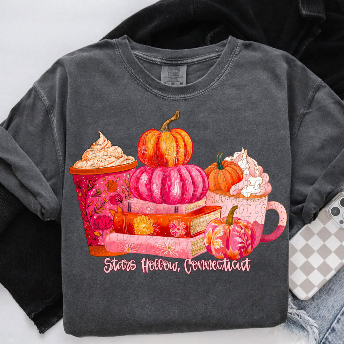 Stars Hollow coffee books pumpkins (City) DTF transfer