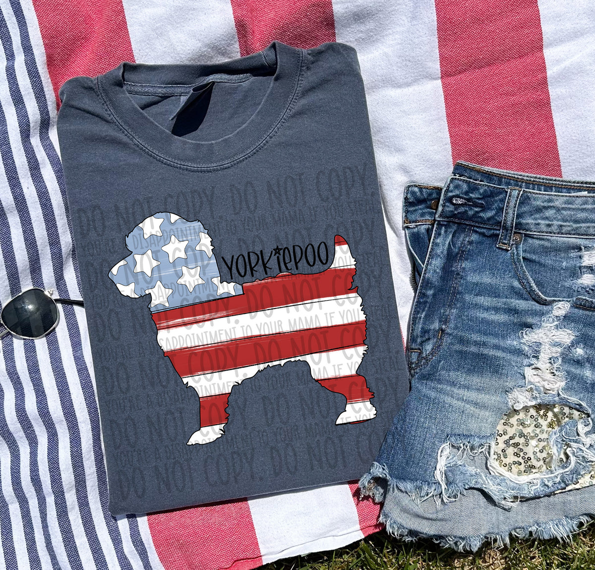 YORKIE POO patriotic black font (SWD) DTF transfer