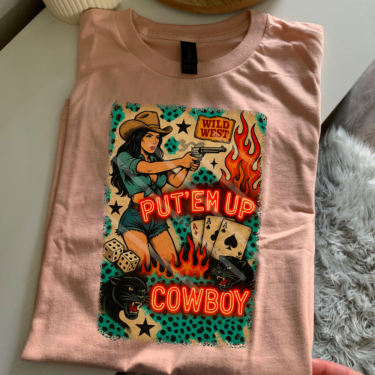 Put Em Up Cowboy with jaguar Cowgirl 110680 DTF transfer