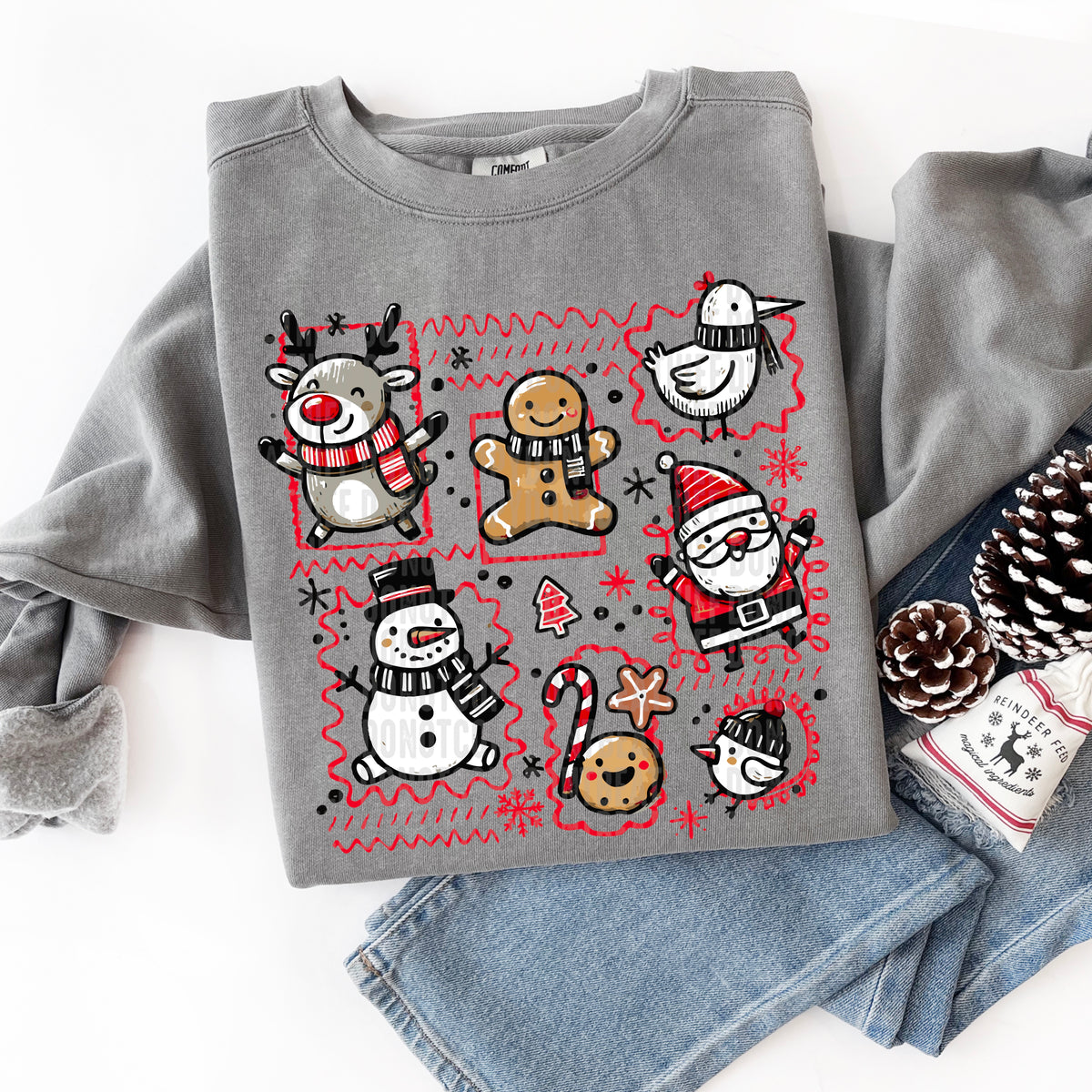 Reindeer Santa Snowman frames RED DTF transfer