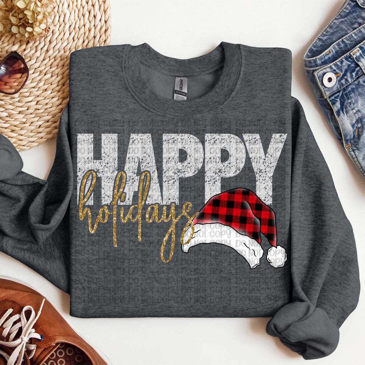 Happy Holidays plaid Santa hat (VP) DTF transfer