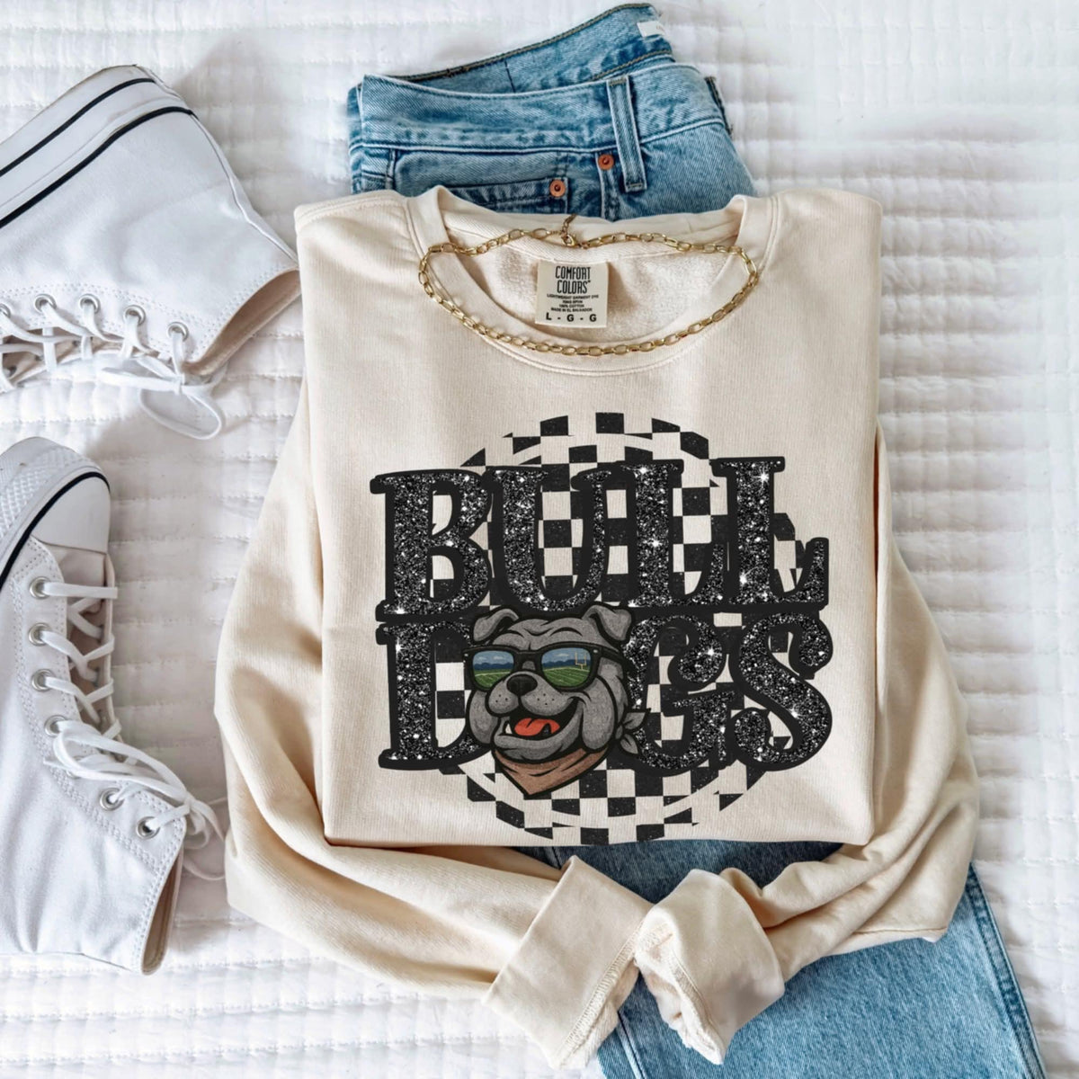 Bulldogs Mascot (brown scarf) Black Glitter Font GROVE 111241 DTF transfer