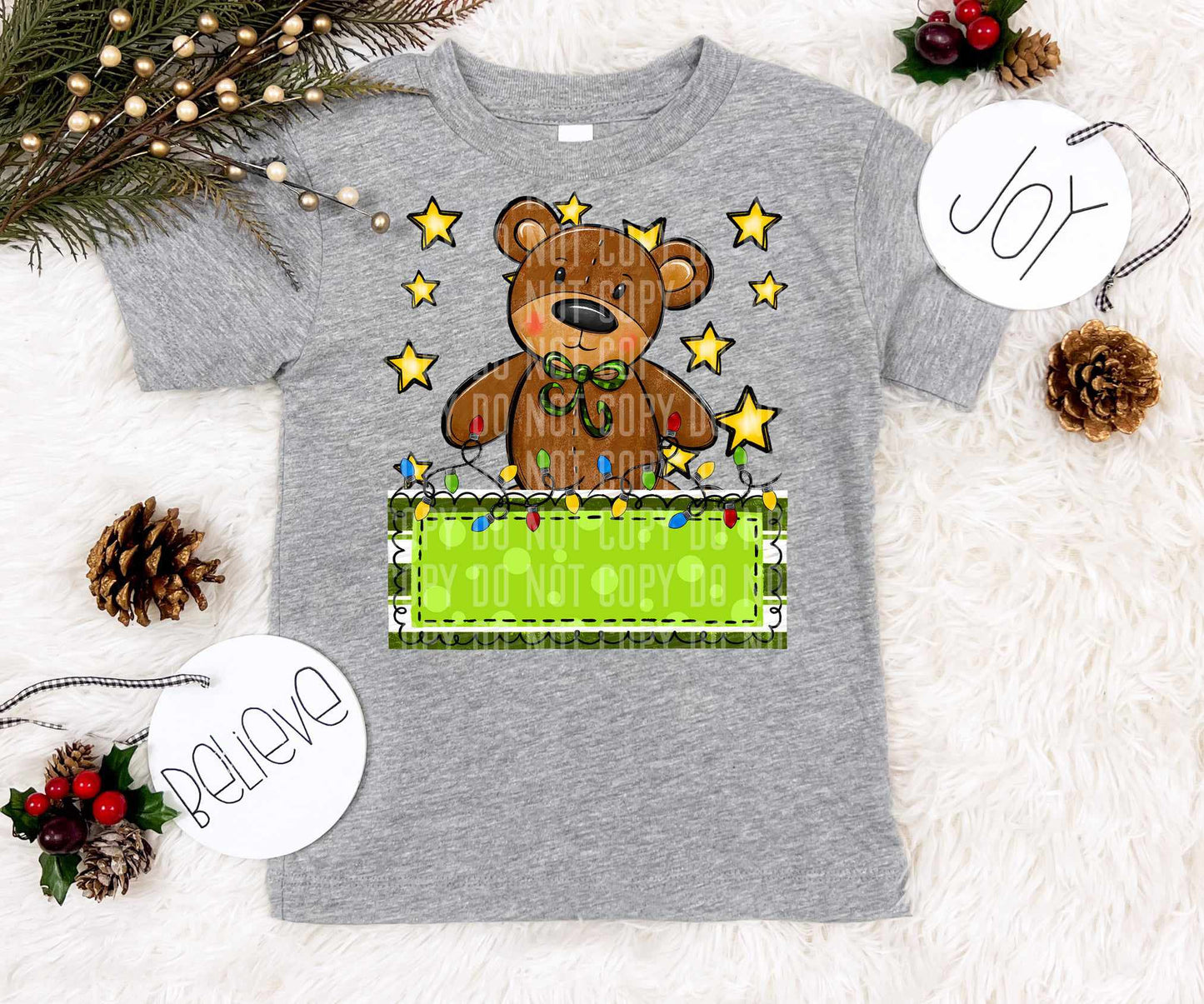 Teddy bear green name tag yellow stars (caplinger) 73068 DTF transfer