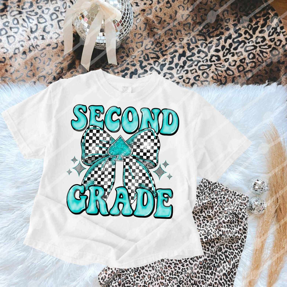 Second Grade checkered bow blue (JBD) DTF transfer