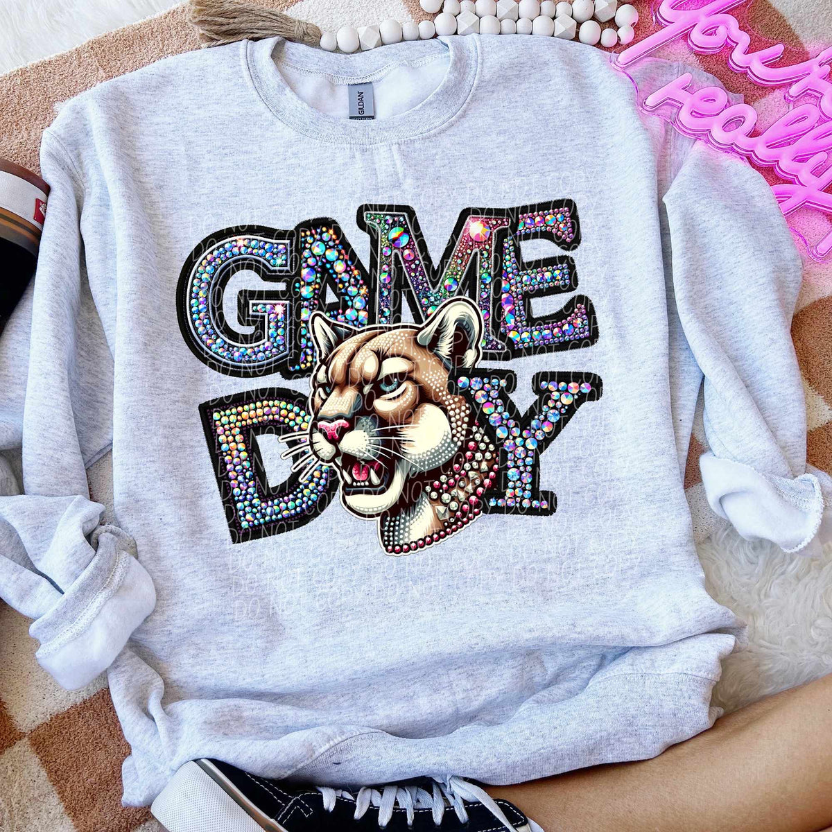 Game day cougars rhinestone colored mascot (CITY) 44381 DTF transfer
