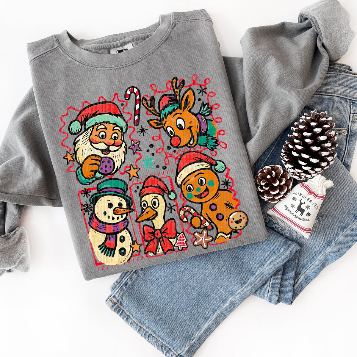 Goose Santa Reindeer Gingerbread and Snowman RED DTF transfer