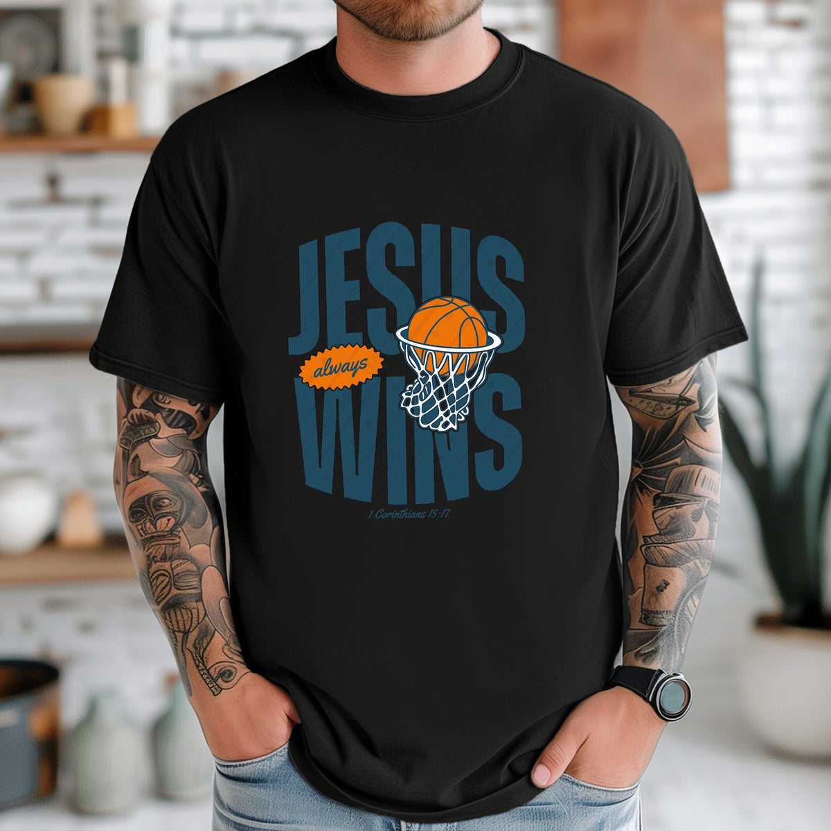 Jesus wins basketball net (dark teal) DTF Transfer
