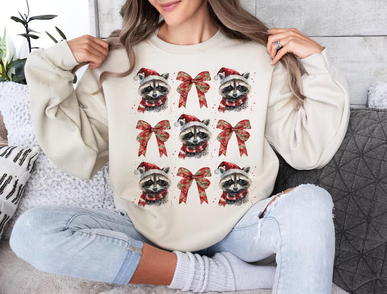 christmas raccoon and bow collage DTF transfer