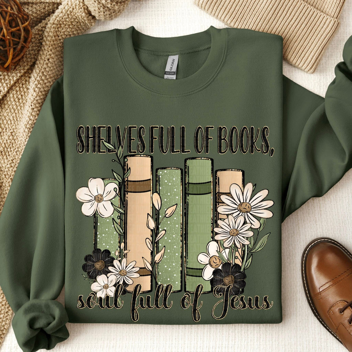 Shelves full of books, soul full of Jesus (SDD) DTF transfer