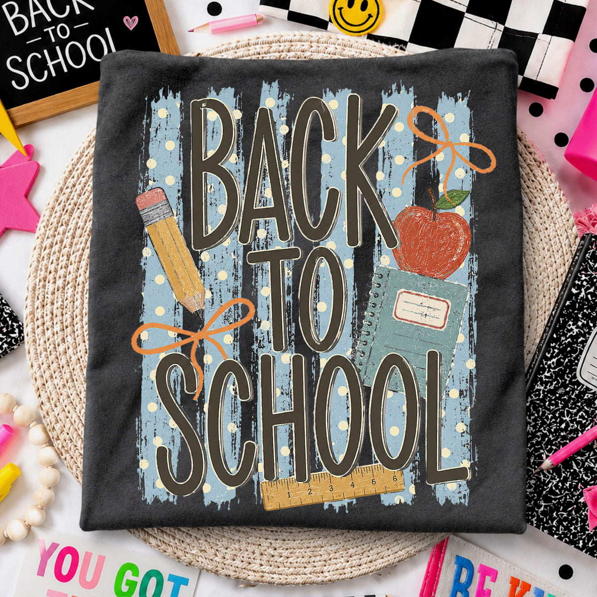 Back to school (blue polkadot stripes) DTF Transfer