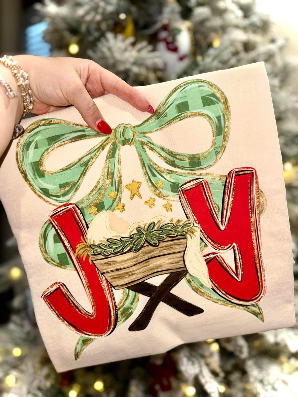 Joy Green checker bow and baby Jesus DTF transfer