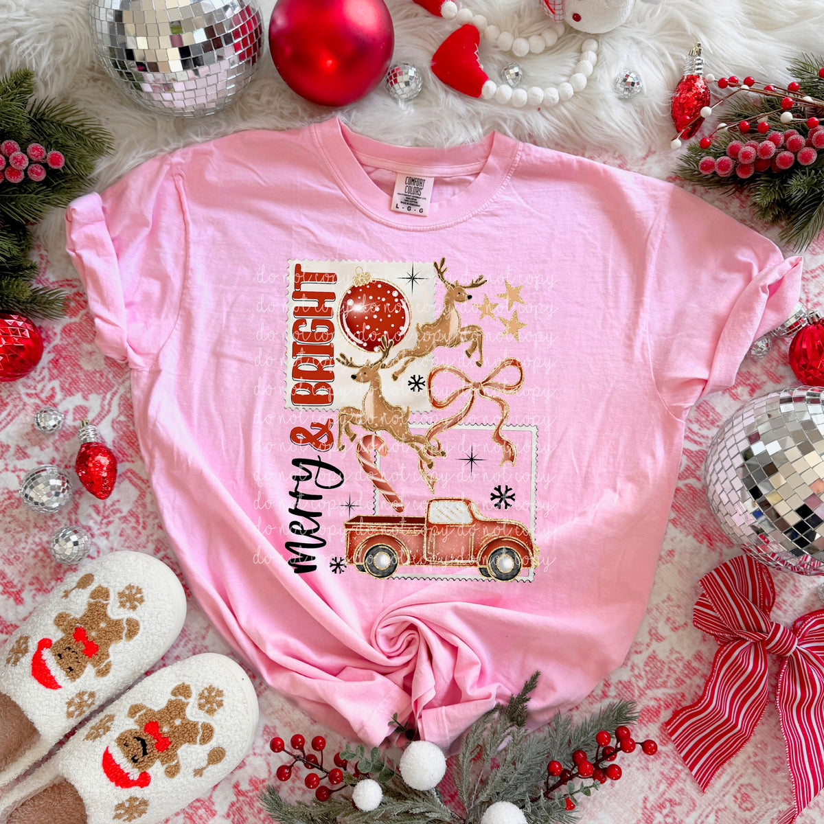 Merry and Bright red truck and stamps exclusive DTF Transfer