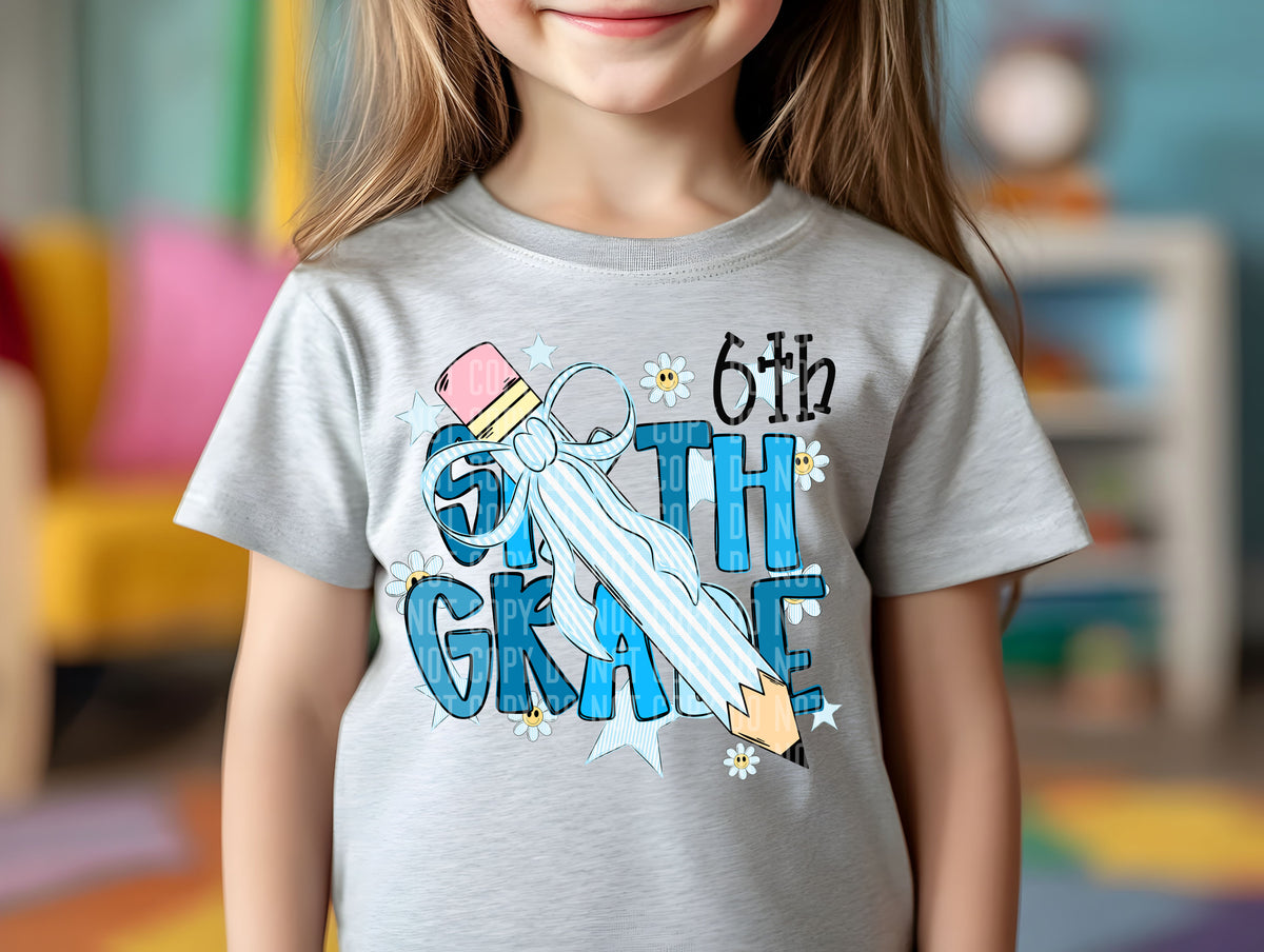 6th grade blue pencil bow (Caplinger) DTF transfer