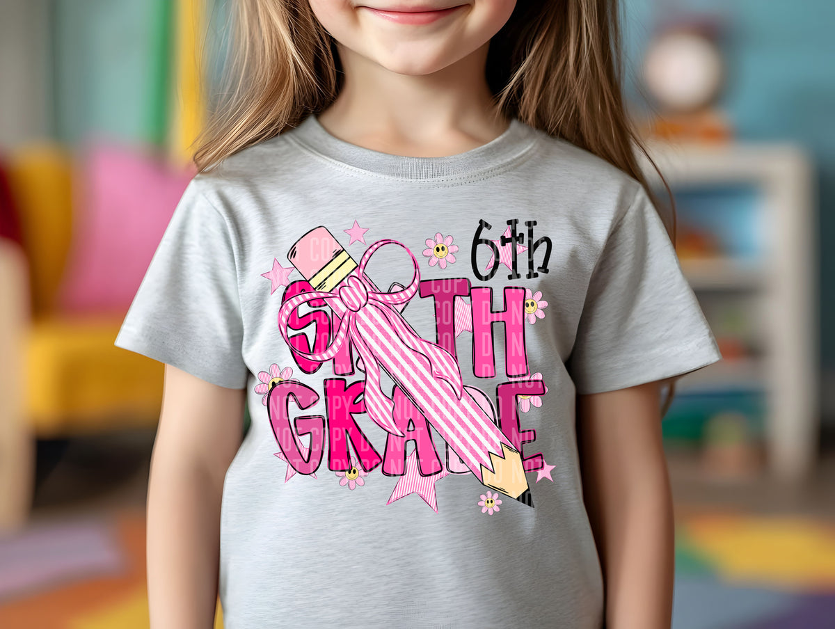 6th grade pink pencil bow (Caplinger) DTF transfer