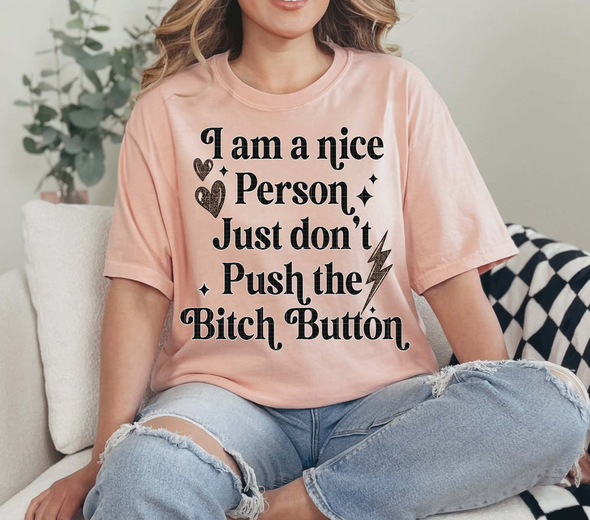 Bitch button with hearts (Linda) DTF Transfer