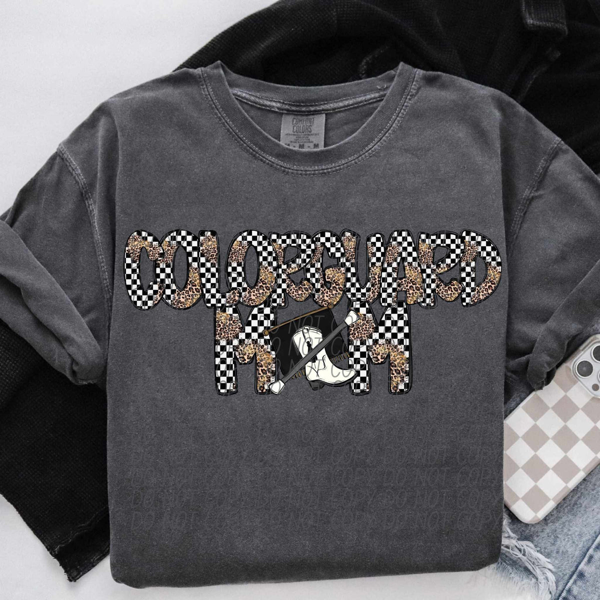 Colorguard mom leopard and checkered font city DTF transfer