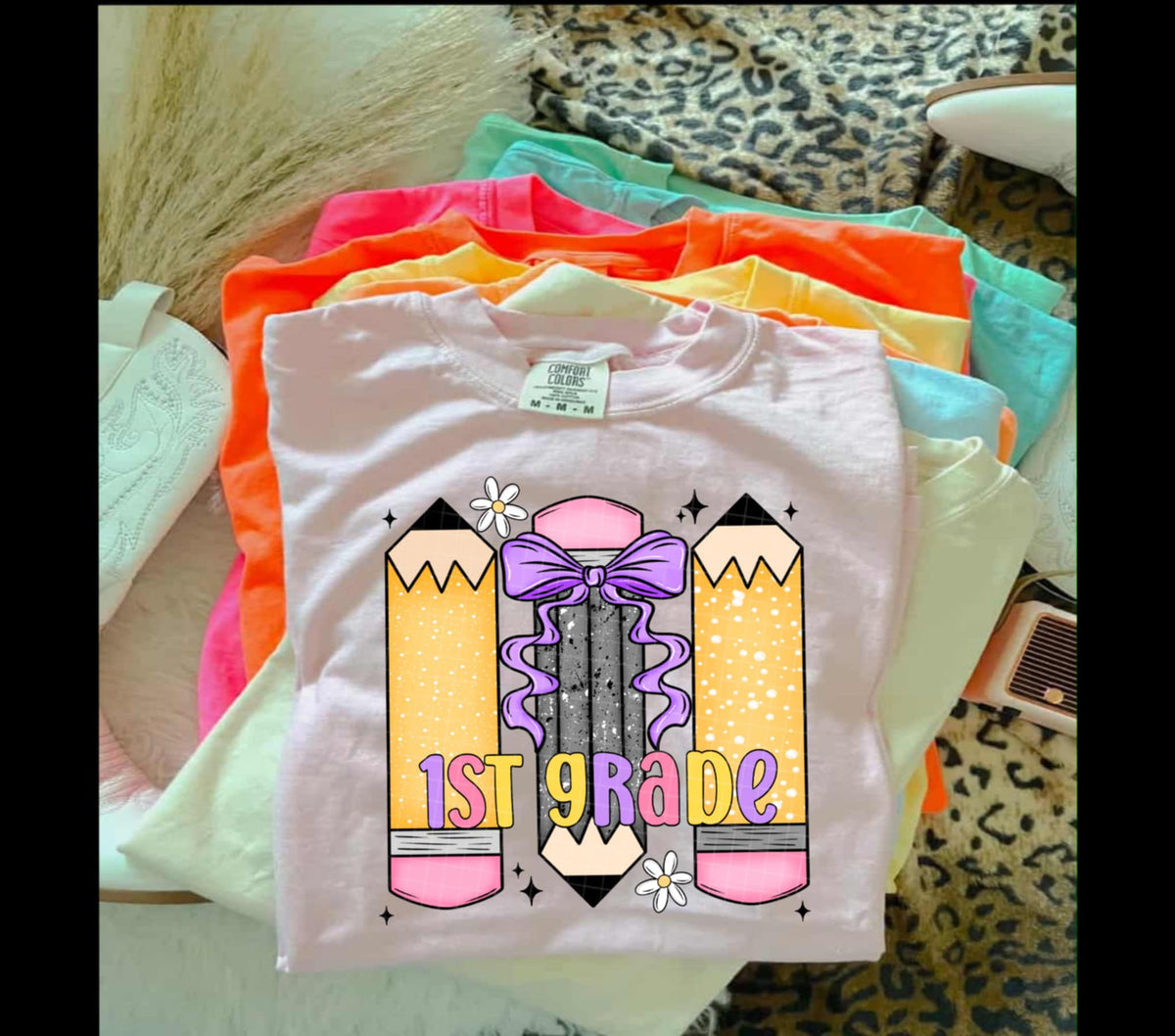 First Grade Checker & Pencils girly (with bow) (linda) DTF transfer