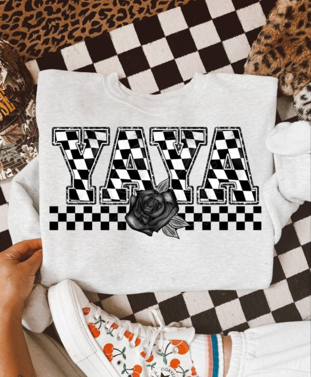 Yaya checkered with black rose (Unhinged) 99337 DTF transfer