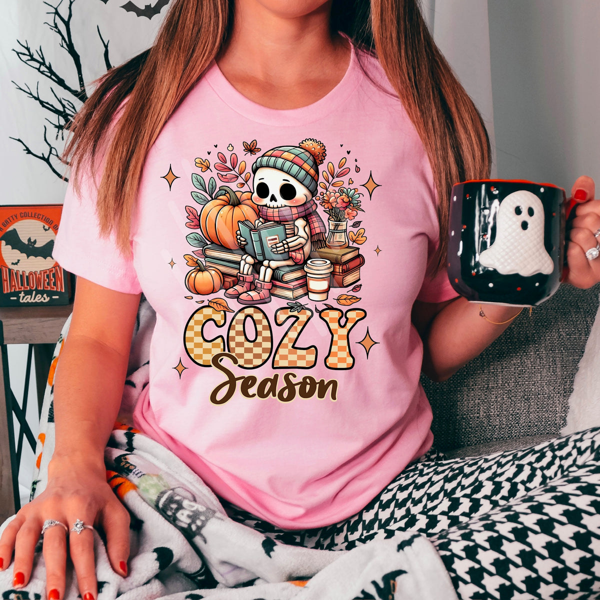 Cozy Season with ghost books and scarf NO CHECKER  (WNDD) 114213 DTF transfer