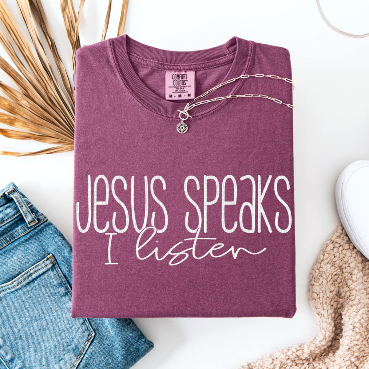 Jesus Speaks I Listen white sdd DTF transfer