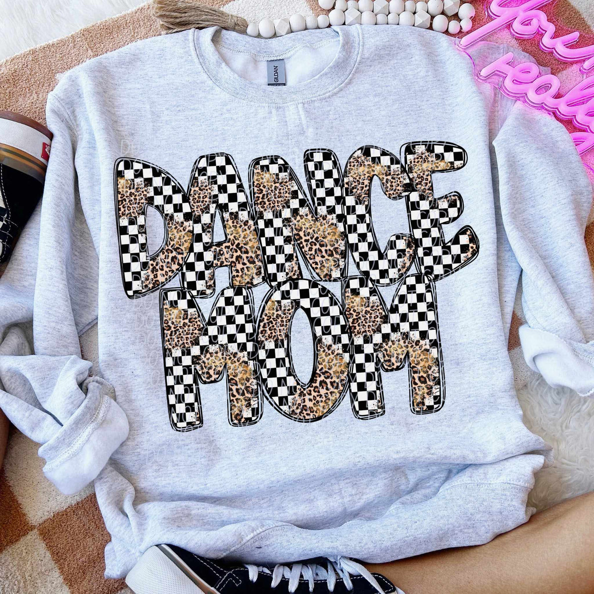 Dance mom leopard and checkered font city DTF transfer